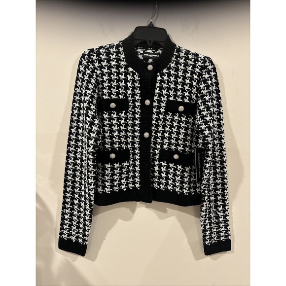 New KARL LAGERFELD Women’s Quiet Luxury Preppy Houndstooth Knit Blazer Sz XS - Picture 8 of 12
